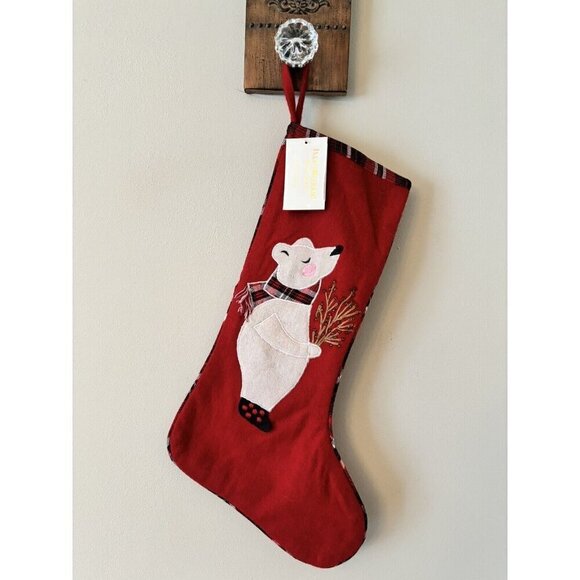 NWT Isaac Mizrahi Red Christmas Stocking White Polar Bear 22" Wool Blend - Picture 1 of 6